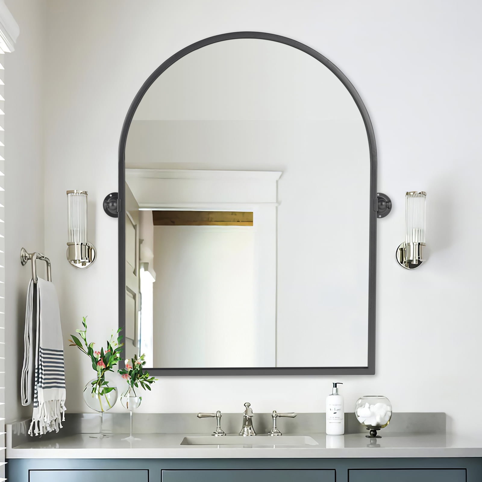 MAYEERTY 36x24 Iron Rounded Arch Black Hardware Hanging Mirror