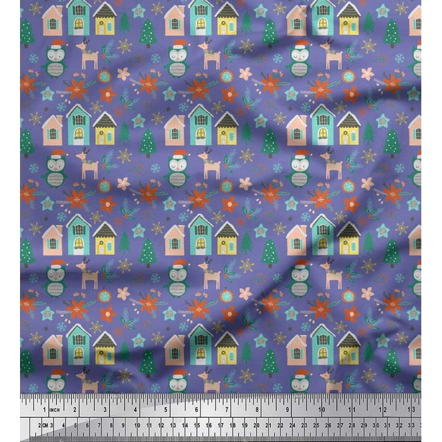 Soimoi Purple polyester Crepe Fabric Owl & Tree Christmas Print Sewing Fabric Yard 52 Inch Wide