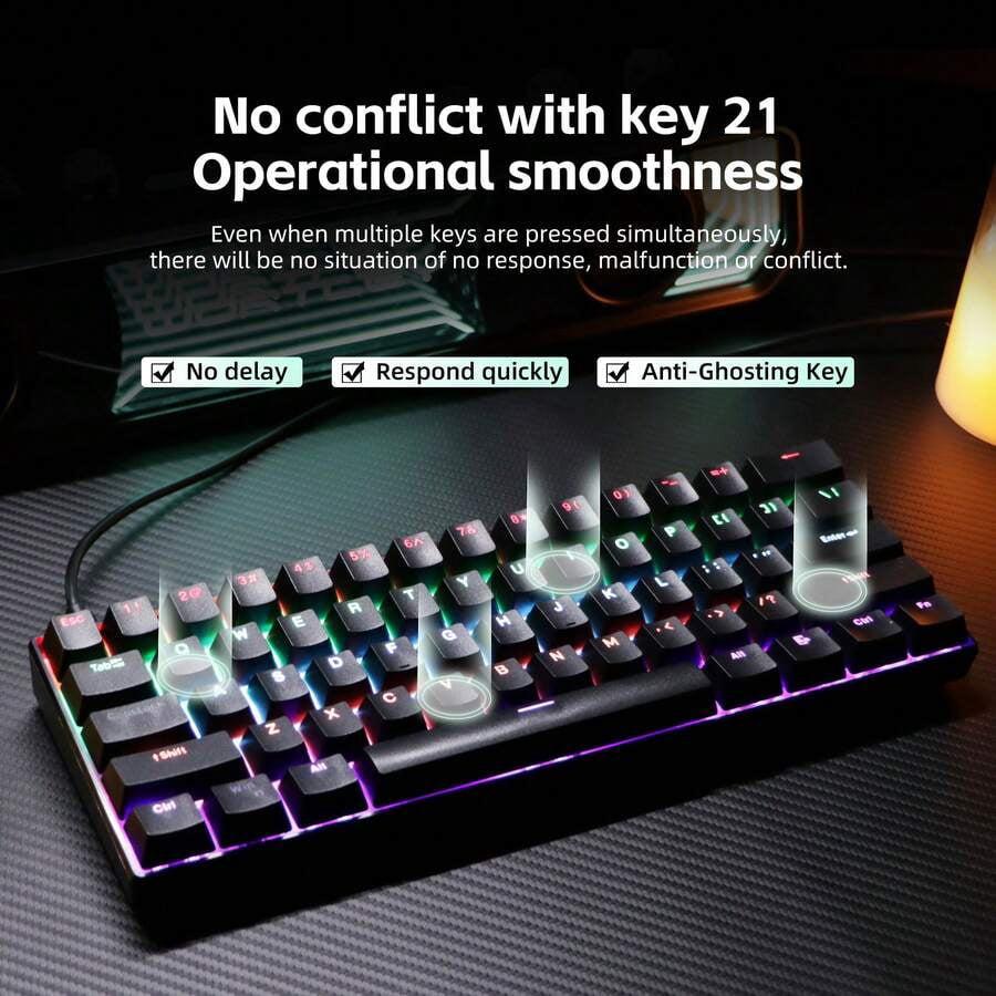 KL61 Wired 60% Mechanical Gaming Keyboard RGB Backlit 61 Keys Ultra-Compact With Hot Swappable Blue/Red Switch