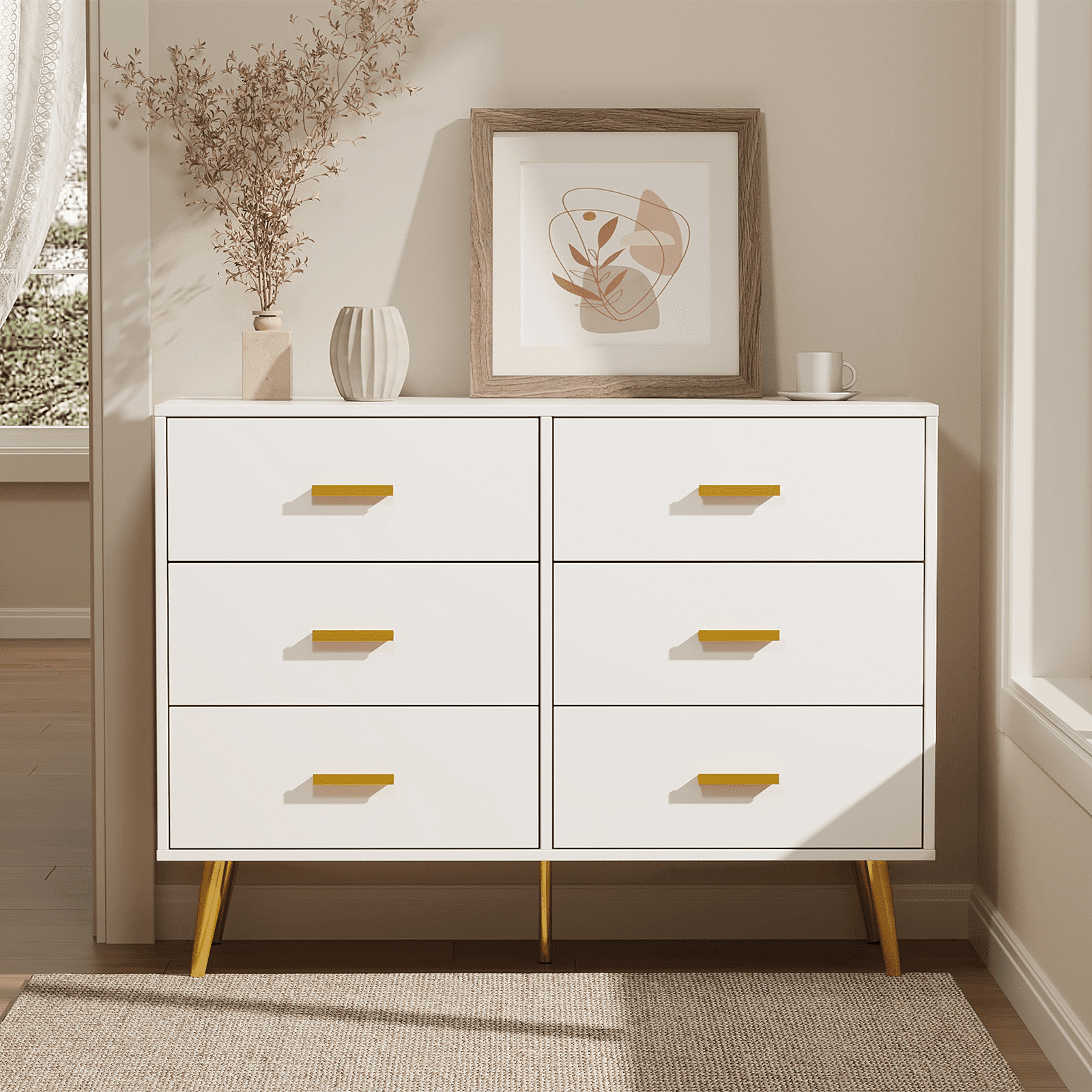 Kicctian Wooden Dresser Chest of Drawers, 6-Drawer Storage Cabinet with Gold Handles, Bedroom Dresser for Living Room, Hallway, Entryway Organizer,White