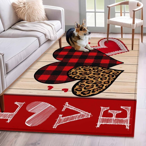 Valentine's Day Area Rugs 4x6 ft Love Red Heart Leopard Print Wood Stripes Washable Rug Non Slip Indoor Carpet Absorbent Floor Mat for Living Room Bedroom Dining Room