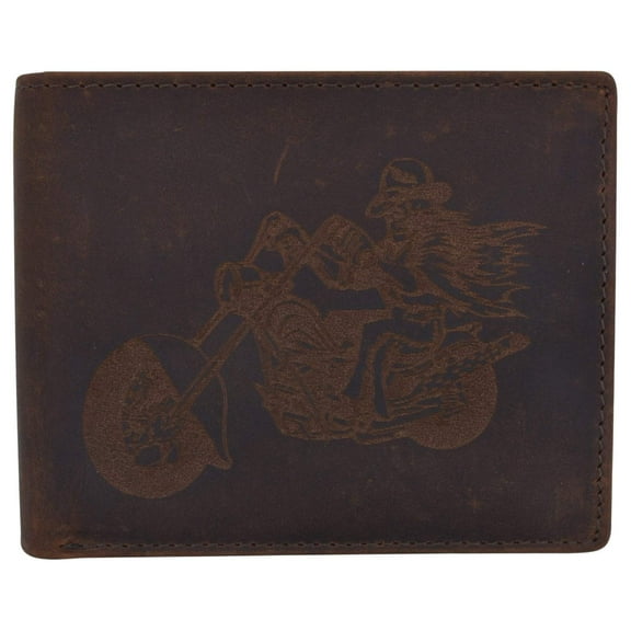 Men's Motorcycle Biker Logo RFID Blocking Genuine Leather Bifold Wallet