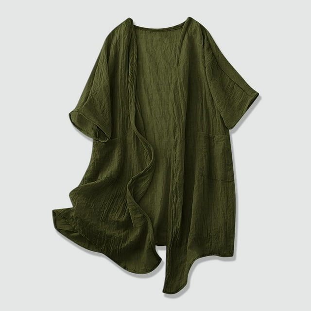 asjyhkr Blouses pour Femmes Col Rond Cardigan à Manches Longues Ample Décontracté Couleur Unie Extérieur Plage Vacances Mode avec Poches