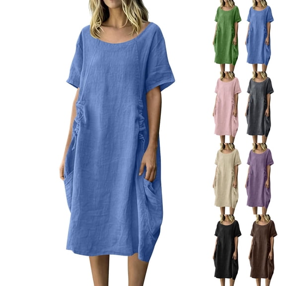 Women's Cotton Linen Crew Neck Midi Dress Short Sleeve Loose Casual Long Dress with Drawstring Waist Side Pockets Blue XL(XL)