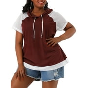 Agnes Orinda Women's Plus Size Short Sleeves Color Block Sport Activewear Drawstring Hoodie Top 4X Burgundy