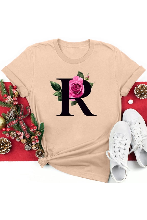 Valentine's Day Shirts Women's Valentine's Day T-shirts Letter R and Floral Print Shirts Crew Neck Short Sleeved Blouses Tops Spring Summer Pullover Top