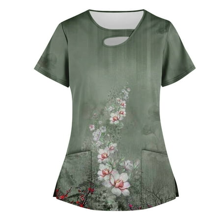 

BIZIZA Womens Scrubs Clearance Printed V Neck Workwear Plus Size Hollow with Two Pocket Short Sleeve Women s Casual Tops and Tees Green 4XL