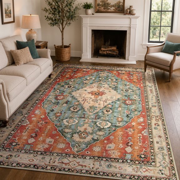 Wonnitar 6'x9' Area Rug for Living Room Boho Tribal Soft Washable Rugs Large Dining Room Mat Indoor Printed Non-Slip Classroom Office Carpet for Apartment Porch Dorm,Rust