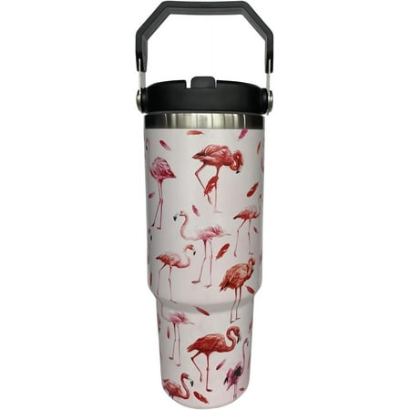 

30oz Tumbler with Top Handle Large Insulated Stainless Steel Tumblers with Straw and Lid Reusable Coffee Cup Travel Mug for Hot and Cold Drinks Gift for Women Man (flamingo)