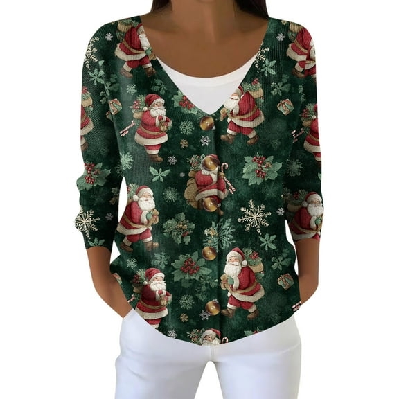 Women's Fashion Long Sleeve Christmas Snowman Snowflake Print Jacket Cardigan for Holiday Party and Casual Daily Wear,Dark Green,S