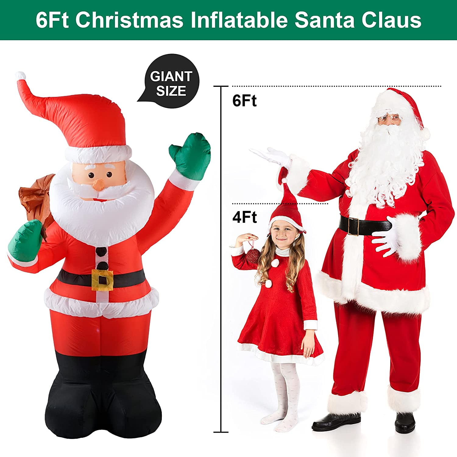 6 FT Christmas Inflatables Santa Claus with Gifts Bag, Christmas Inflatables Outdoor Decorations, Built-in LED Lights Holiday Blow Up Yard Decoration Clearance for Yard, Holiday, Party