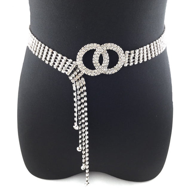Women Rhinestone Belt Silver Shiny Diamond Fashion Crystal Ladies Double O-Ring Waist Belt for Jeans Dressesby