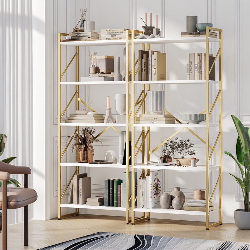 Walsunny Bookshelves Wooden Bookcases 5 Tiers H-Shaped Bookshelf with 5 Open Display Shelves Gold