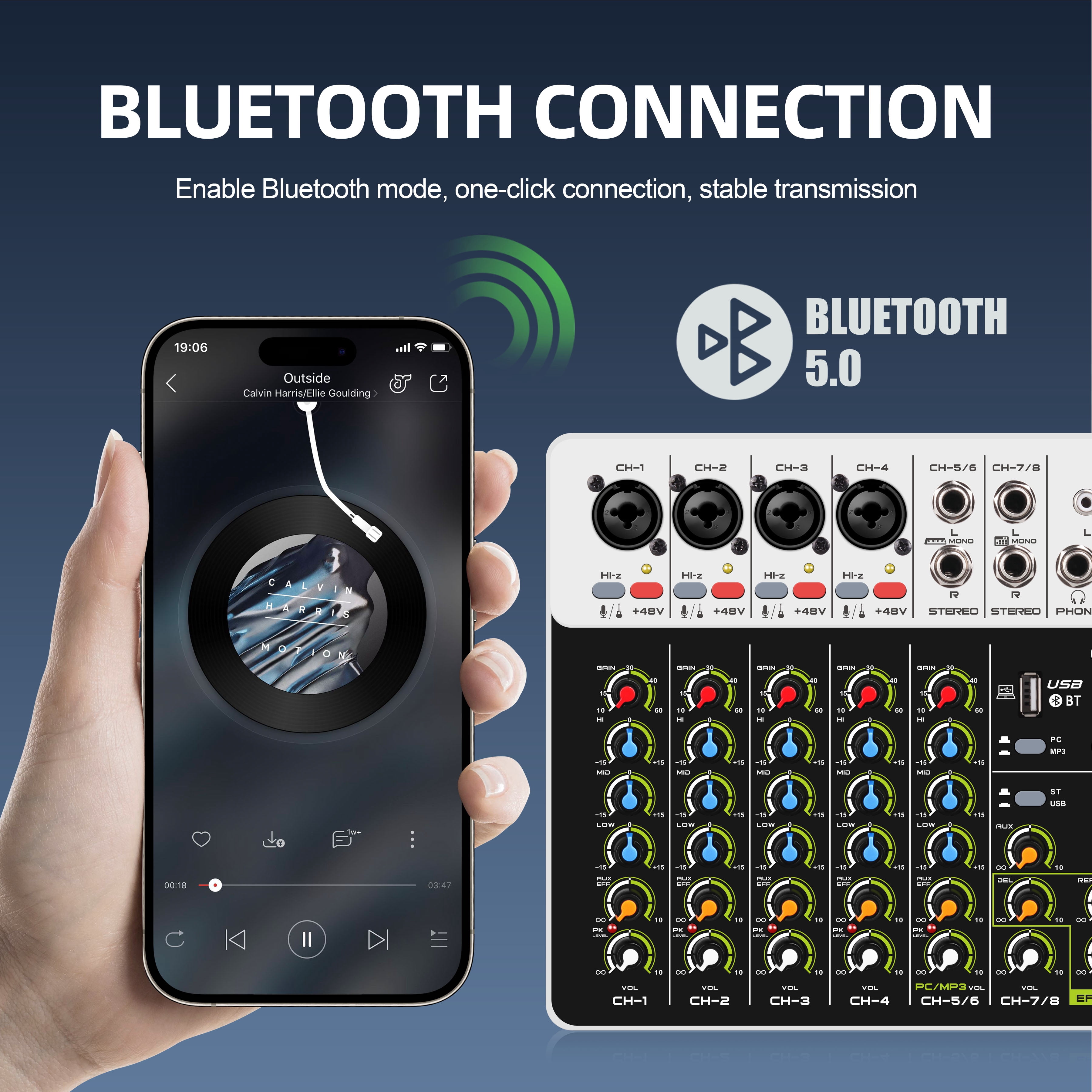 V8 Interface Mixer with Bluetooth 5.0 USB Phantom Power DJ Mixer for PC Recording with Delayed Replay Effects ,Easy to Operate