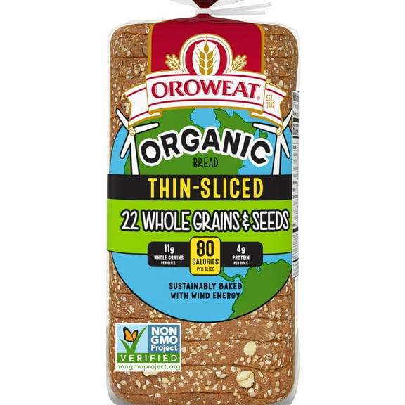 Oroweat Organic 22 Whole Grains & Seeds Bread, 20 oz, Thin Sliced Multigrain Bread, Bag