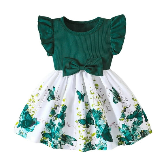 Little Girls Floral Dress Summer Boho Flutter Sleeve Swing Tiered Beach Holiday Dress 1-3Y Green 9-12 Months