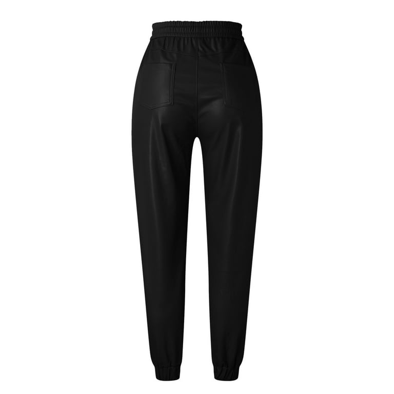 Bkolouuoe Straight Leg Leather Jeans Womens Drawstring Elastic