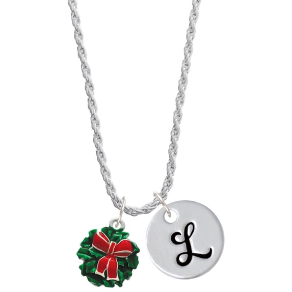 Delight Jewelry Enamel Wreath with Bow Silvertone Script Initial Disc - L - Charm Necklace, 20"+3"