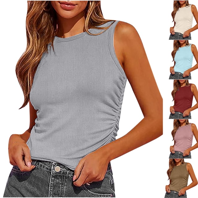 JDQJBZ Women Plus Size Tank Tops Solid Color Round Neck Loose Fit Summer Casual Blouse