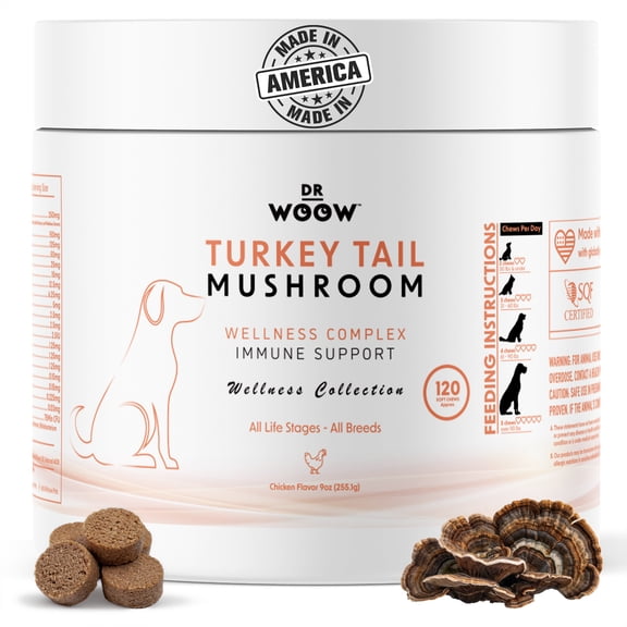 Dr. Woow Turkey Tail Mushroom Chews for Dogs — 7-Mushroom Immune Blend with Probiotics, Salmon Oil & Vitamin Complex | All Breeds & Life Stages | 120 Soft Chews | Chicken Flavor | 9oz