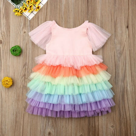 Kid Baby Girl Tulle Rainbow Party Pageant Princess Bridesmaid Gown Dress