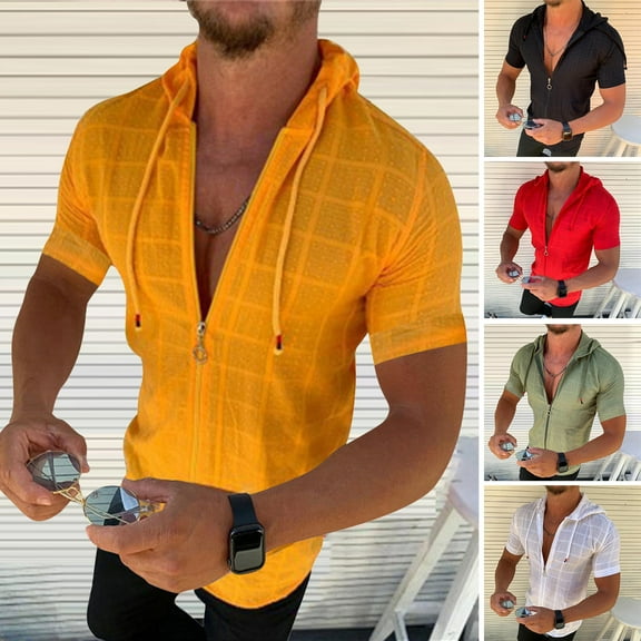ZenCart Men's Hooded T-Shirt Short-Sleeved Checked Zip-up Tee Shirt Casual Thin Summer Top for Sports Leisure Outdoor Beach
