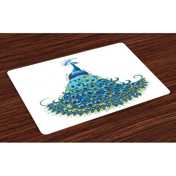 Peacock Placemats Set of 4 Peacock Illustration Floral Classical Curvy