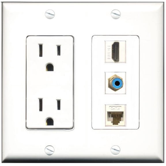 RiteAV - 15 Amp Power Outlet 1 Port HDMI 1 Port RCA Blue 1 Port Cat6 Ethernet Ethernet White Decorative Wall Plate
