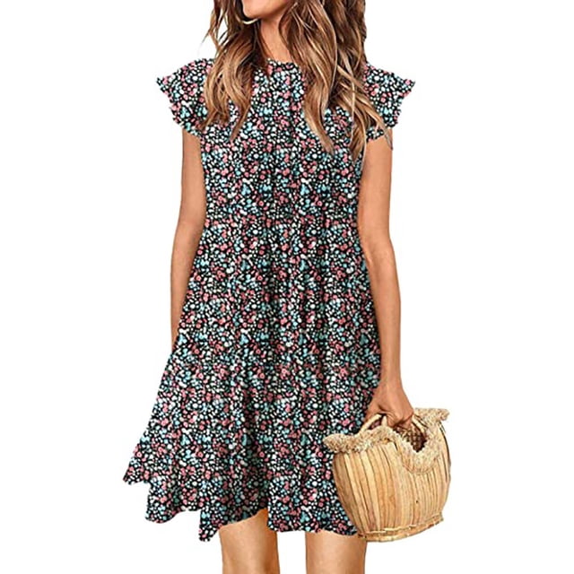 Robe d'Été pour Femmes Sans Manches à Volants Col Rond Mini Robe Couleur Unie Coupe Ample Courte Fluide Plissée, Rouge-Bleu, S