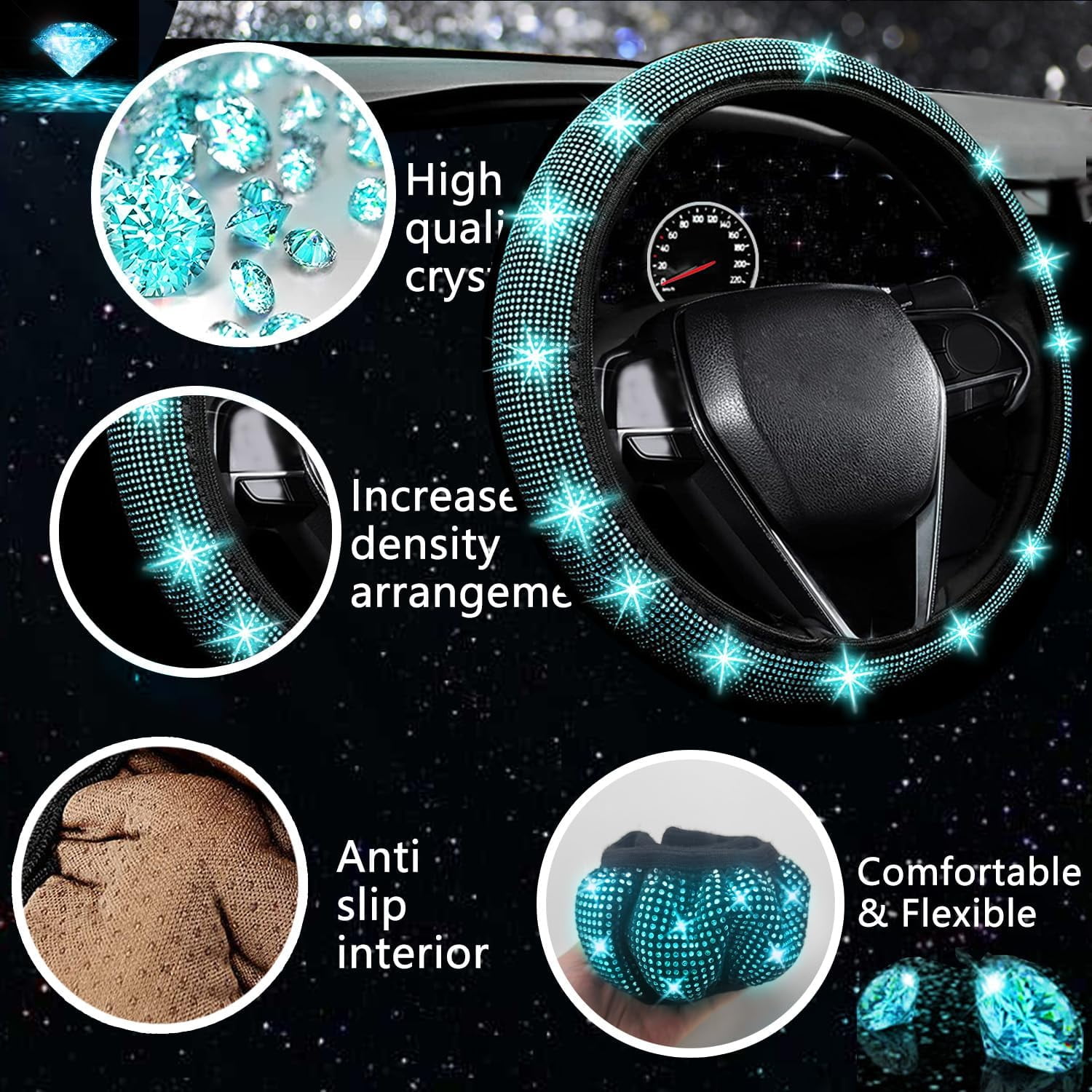 27 PCs Aquamrine Bling Car Accessories Set for Women, Steering Wheel Covers Universal Fit 15 Inch, Bling License Plate Frame, Bling Phone Holder, Bling Car Coasters (Aquamrine Diamond)