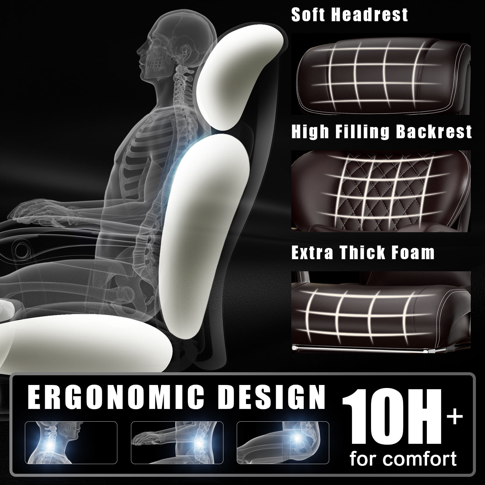 Heavy Duty Big and Tall Office Chair, 7.83Hz Schumann Resonance Relax Chair with Heating Function, Silent Rubber Casters, Thick Padded Seat, Brown