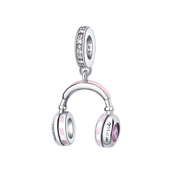 ARVALILS 925 Sterling Silver Pink Headphone Charm, Enamel & CZ Bead for Necklaces & Bracelets