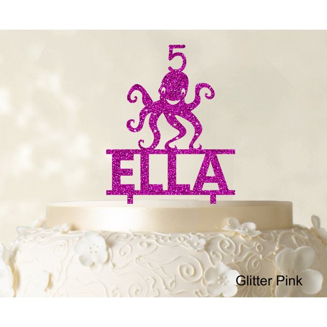 Birthday Custom Name Cake Topper With Octopus Figure Glitter Cake Topper Cake Decorations Color Option Available 6-7 Inches Wide