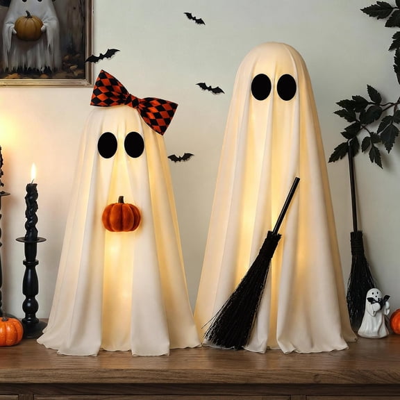 Halloween Decorations Indoor, 2 Pack Lighted Ghost Decor with Broom, Pumpkin, Spooky Cute Halloween Decorations for Table, Mantel, Shelf, Home Party