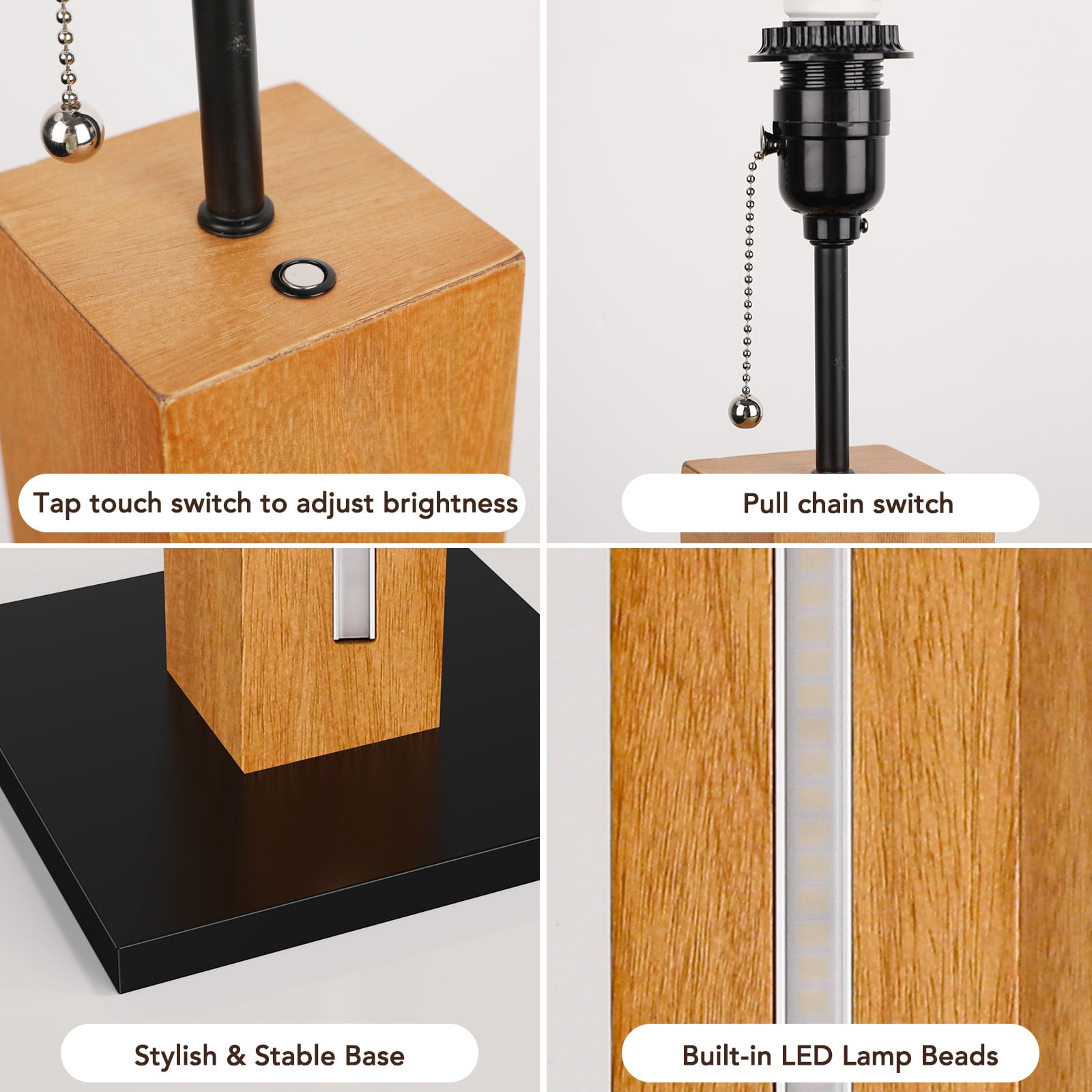 58.9'' Farmhouse Wooden Floor Lamp built-in LED beads, White Rectangular Linen Shade for Bedroom (Bulb included)