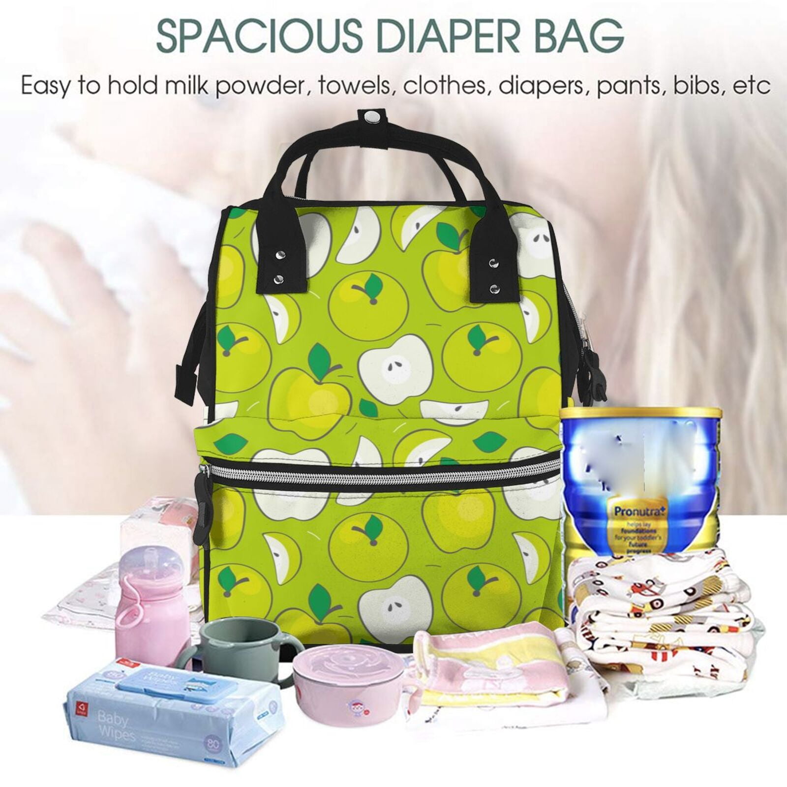 Ratiio Green Apple Mummy Backpack - Waterproof Twill Canvas, Large Capacity Diaper Bag with Multiple Pockets and Adjustable Straps