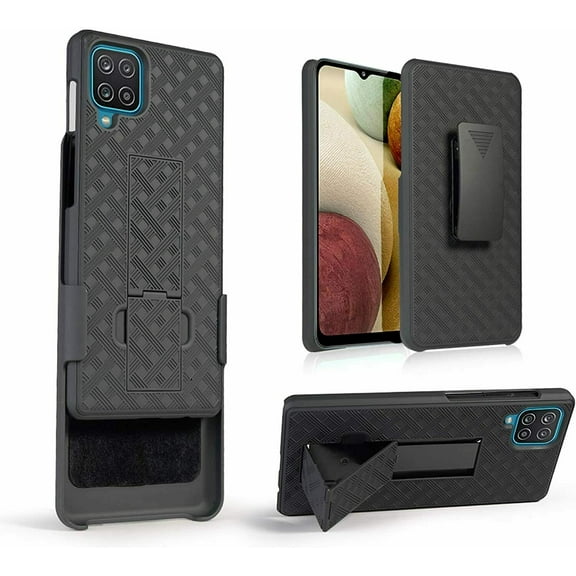 for Samsung Galaxy A12 5G with Temper Glass and Case Heavy Duty Shock Absorption Kickstand Armor Case with Belt Swivel Clip Holster Cover