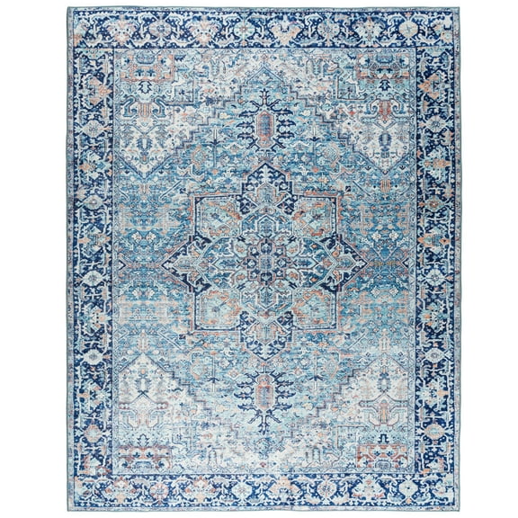 ReaLife Rugs Machine Washable Vintage Distressed Traditional - Blue, Ivory, Orange Eco-friendly Recycled Fiber Area Runner Rug (5' x 7')