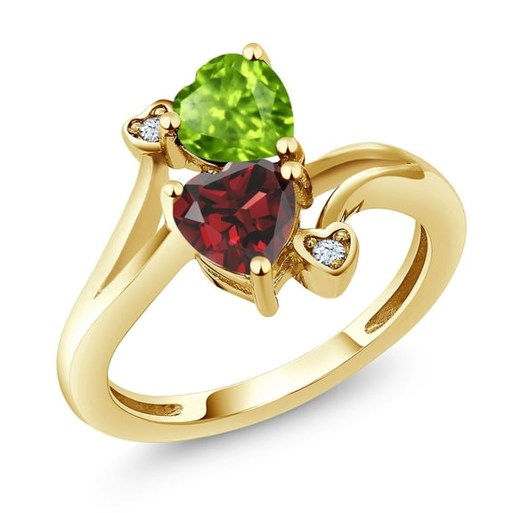 Gem Stone King 10K Yellow Gold Green Peridot and Red Garnet Ring for Women (1.76 Cttw, Heart Shape 6MM, Gemstone Birthstone, Size 7)