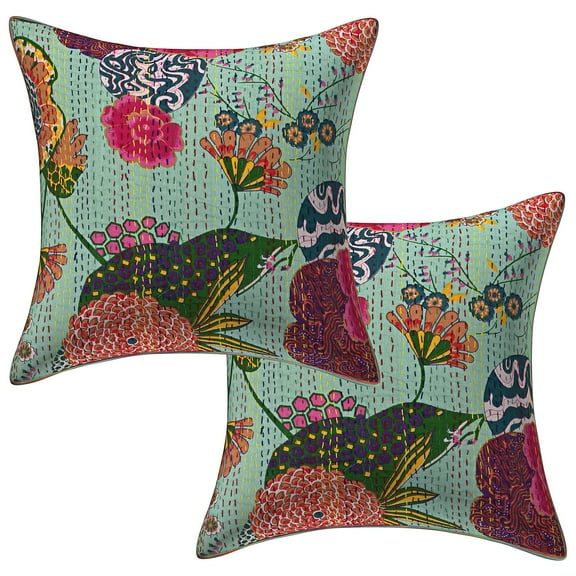 Stylo Culture Indian Chair Seat Throw Pillow Covers 16 x 16 Kantha Teal Blue Printed 40x40 cm Home Decor Cotton Tropicana Square Cushion Covers | Set Of 2