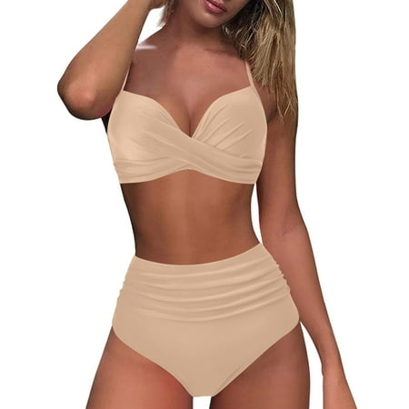Huesdet Women s Ribbed Underwire Bikini Set High Cut Colorblock V Notch Swimwear Printed High Leg Swimsuit(Khaki XXL)