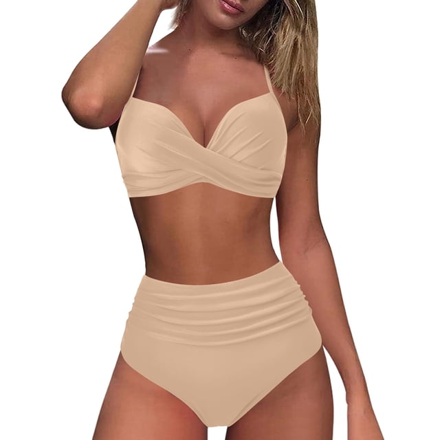 Huesdet Women's Ribbed Underwire Bikini Set High Cut Colorblock V Notch Swimwear Printed High Leg Swimsuit(Khaki,M)