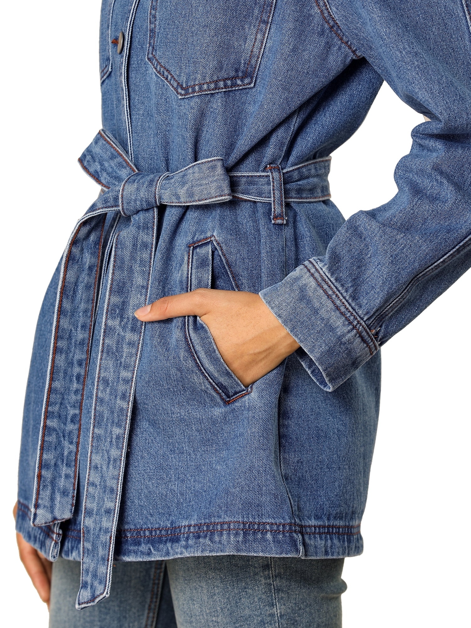DARING DIVA Woman's Boyfriend Tie Waist Denim Jacket with Pockets XL Blue