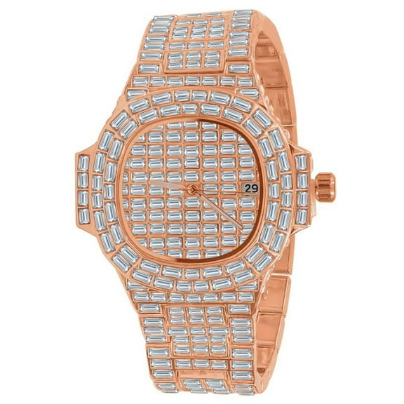 Fully Iced Baguette Simulated Diamond 18K Rose Gold W/White CZ  Finish 5 ATM Water Resistant Solid Stainless Steel Back Mens Watch W/Date Function 45mm