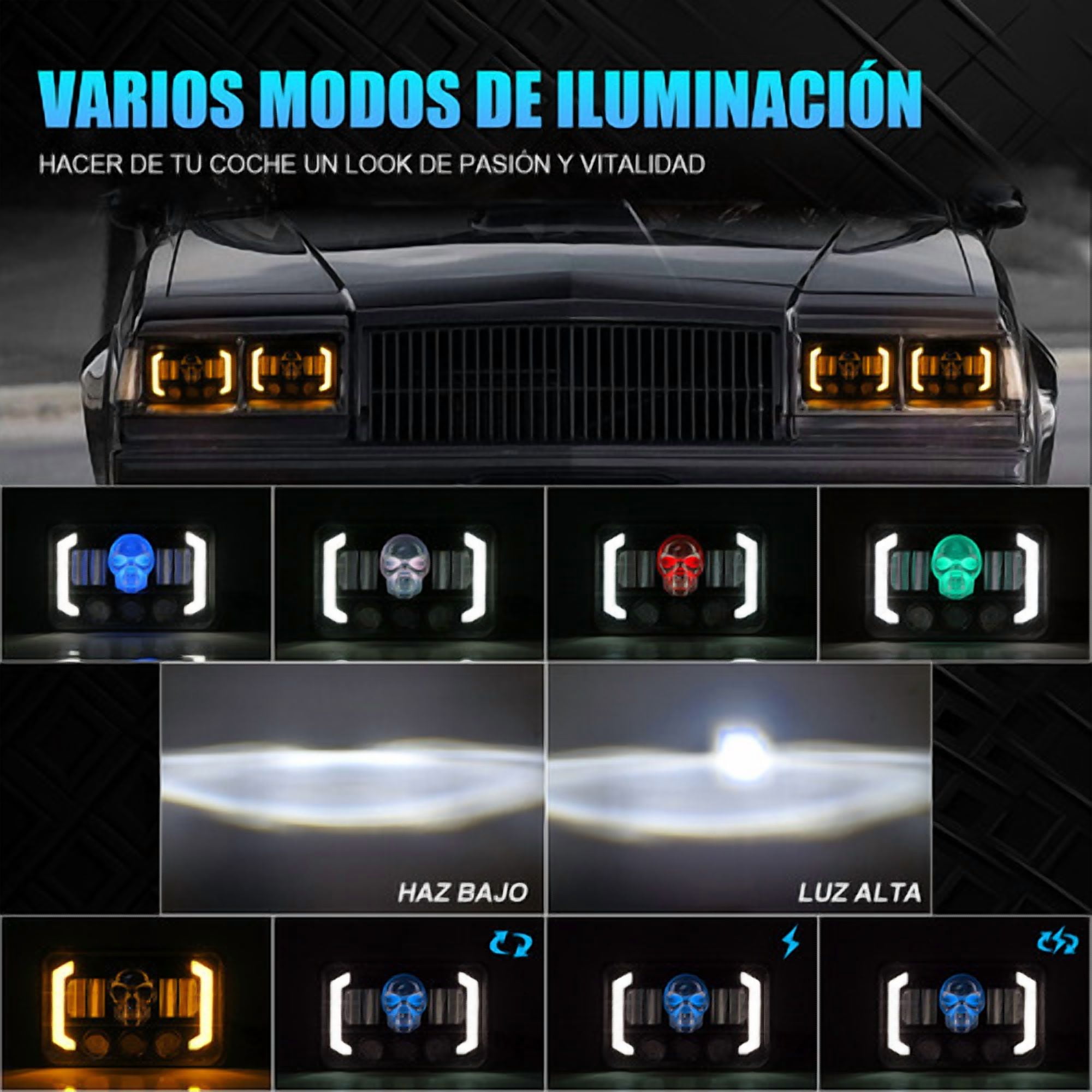 Applies to Led Headlight Magnifying Glass 4x6 Square RGB Skull, Hi/Lo Light