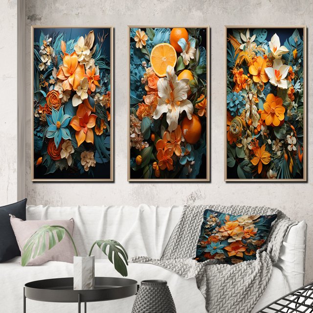 Designart "Tropical Tangle Orange Blue painting III" Abstract Collages Framed Wall Art Set Of 3 - Multi-Color Collages Frame Gallery Wall Set For Home Decor