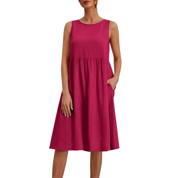 Summer Plus Size Sun Dresses for Womens Fashion Solid Color Casual Round-Neck Sleeveless Dress With Pocket