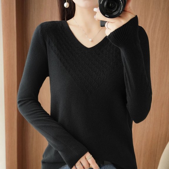 Guieoi Womens Sweaters 2025 Womens Sweaters Clearance Winter Trendy Casual V Neck Solid Color Loose Base Knitted Sweater Top Black Black*Friday/Cyber*Monday Clearance