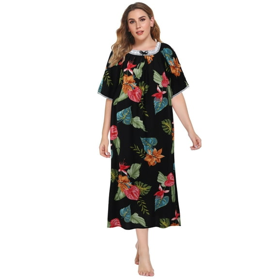 Baywell Women's Plus Size Nightgown Pajamas Soft Comfy Floral Print Sleepwear Nightgowns Lace-trim Neck Nightshirt Black XL-5XL