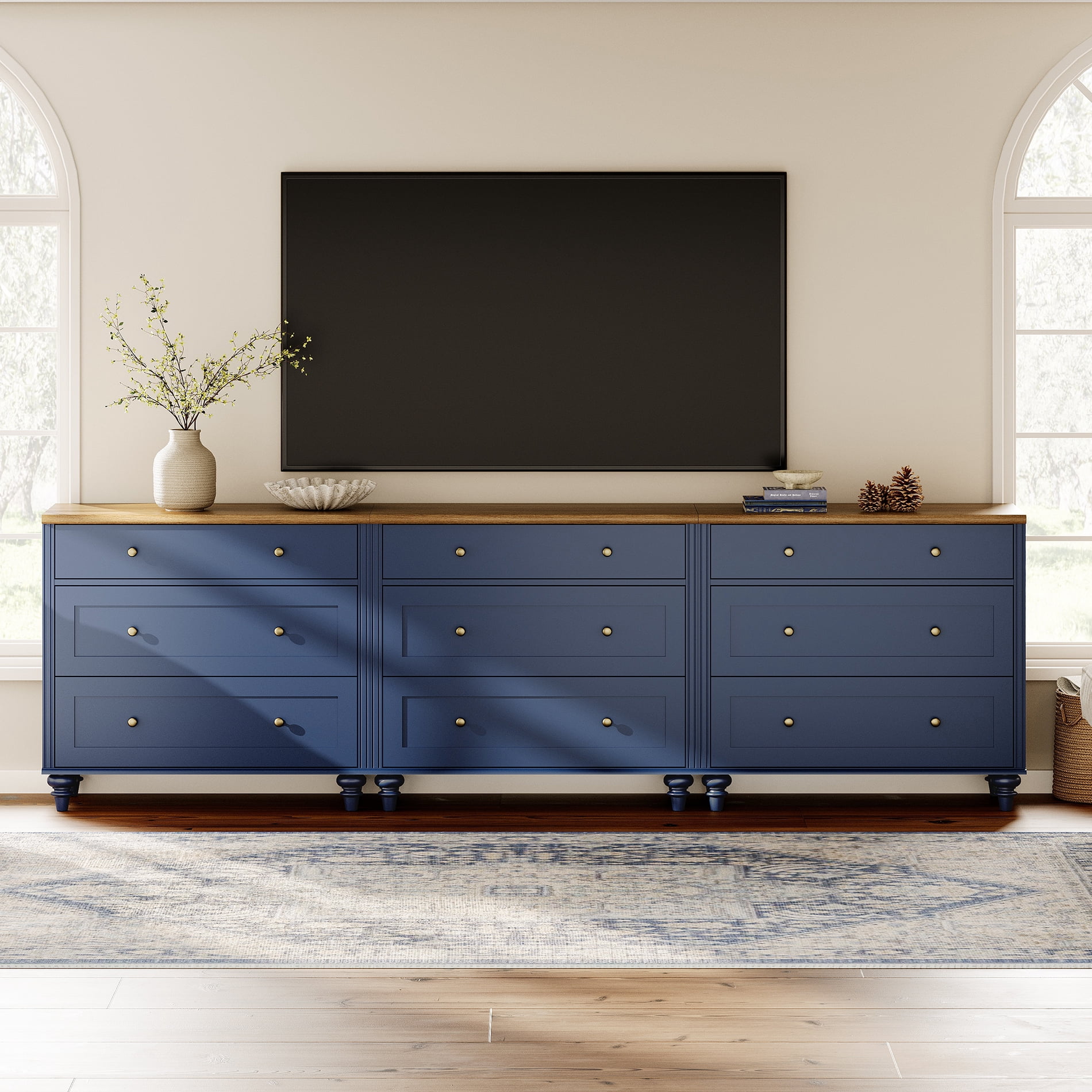 TV Stand for 100 Inch TV, Kitchen Buffet Sideboard with 9 Drawers, TV Cabinet for Living Room and Dining Room, Navy Blue